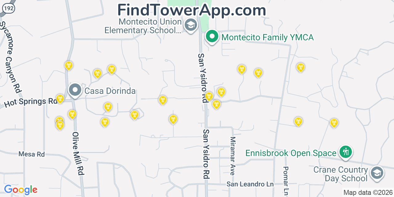 Map showing the 20 primary cell tower locations detected in Montecito, California from AT&T, Verizon, and T-Mobile networks