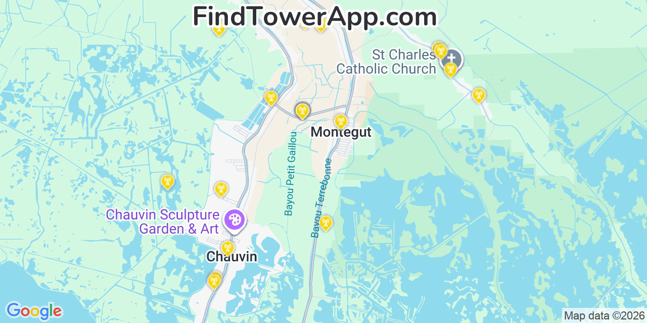Map showing the 20 primary cell tower locations detected in Montegut, Louisiana from AT&T, Verizon, and T-Mobile networks