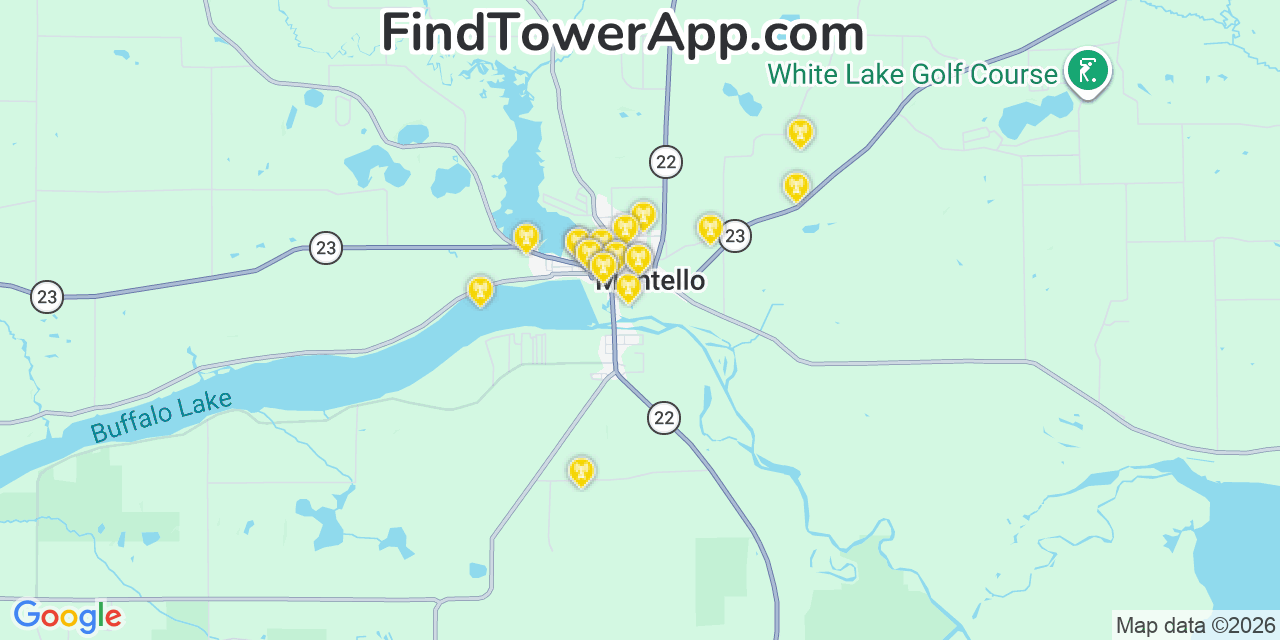 Map showing the 20 primary cell tower locations detected in Montello, Wisconsin from AT&T, Verizon, and T-Mobile networks