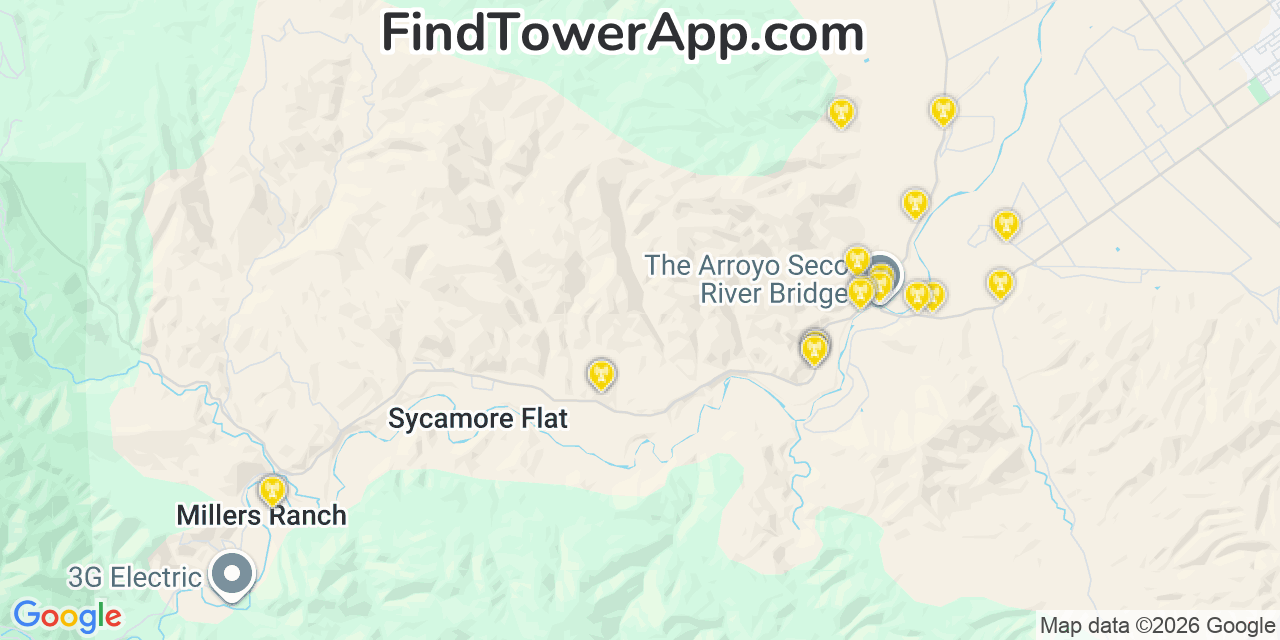 Map showing the 20 primary cell tower locations detected in Monterey, California from AT&T, Verizon, and T-Mobile networks