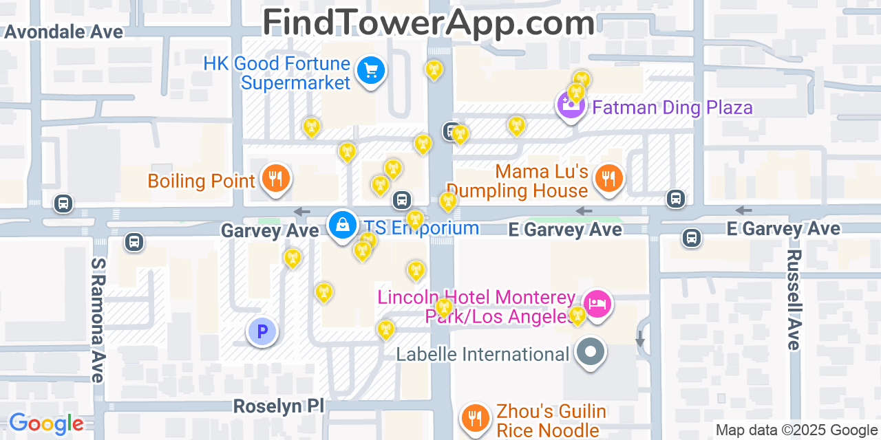 Map showing the 20 primary cell tower locations detected in Monterey Park, California from AT&T, Verizon, and T-Mobile networks