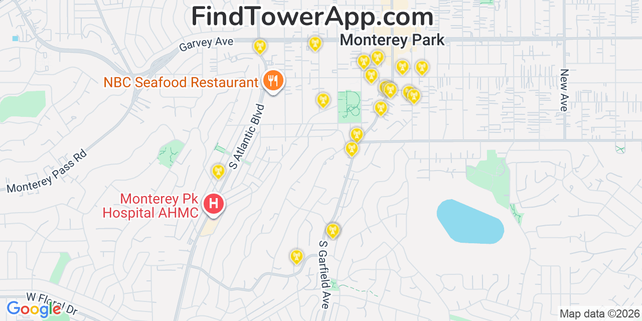 Map showing the 20 primary cell tower locations detected in Monterey Park, California from AT&T, Verizon, and T-Mobile networks
