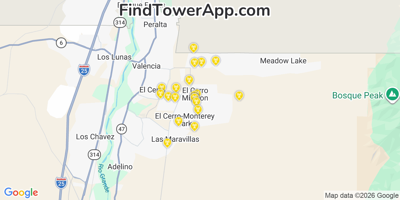 Map showing the 20 primary cell tower locations detected in Monterey Park, New Mexico from AT&T, Verizon, and T-Mobile networks