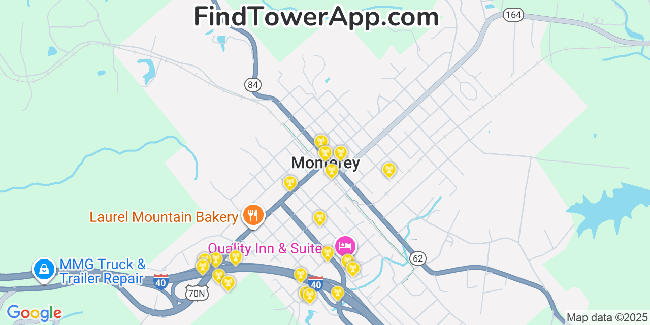 Map showing the 20 primary cell tower locations detected in Monterey, Tennessee from AT&T, Verizon, and T-Mobile networks
