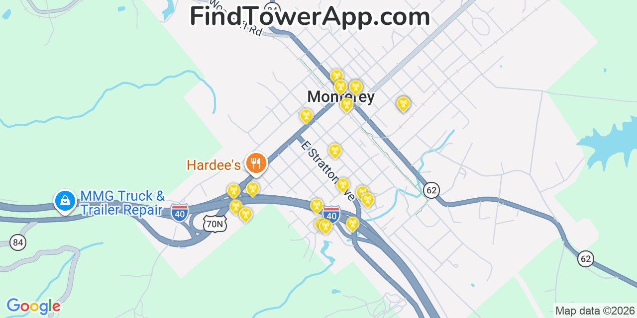 Map showing the 20 primary cell tower locations detected in Monterey, Tennessee from AT&T, Verizon, and T-Mobile networks