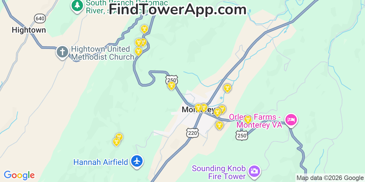 Map showing the 20 primary cell tower locations detected in Monterey, Virginia from AT&T, Verizon, and T-Mobile networks