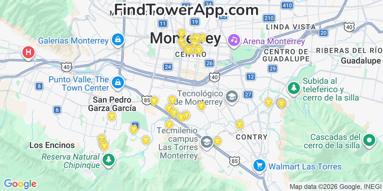Map showing the 31 primary Altan Redes cell tower locations in Monterrey, Mexico