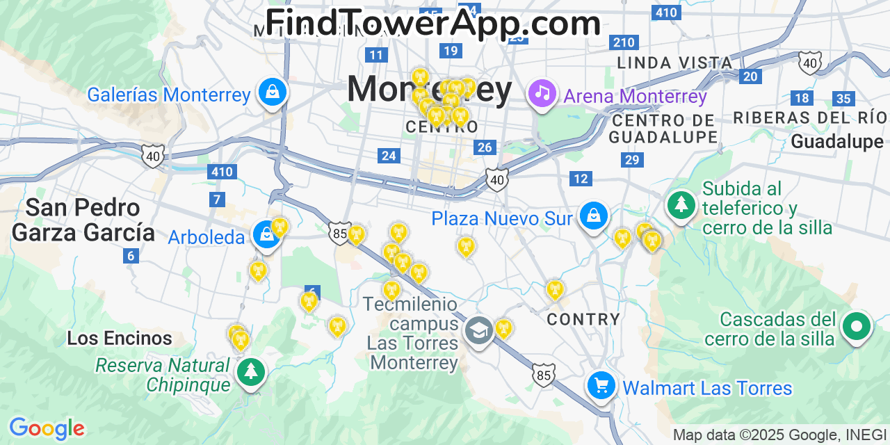 Map showing the 31 primary Altán Redes S.A.P.I. de C.V. cell tower locations in Monterrey, Mexico