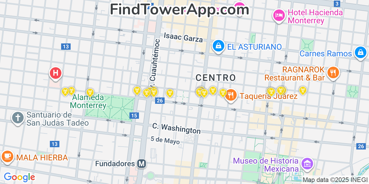 Map showing the 20 primary cell tower locations detected in Monterrey, Mexico with coverage areas and signal strength
