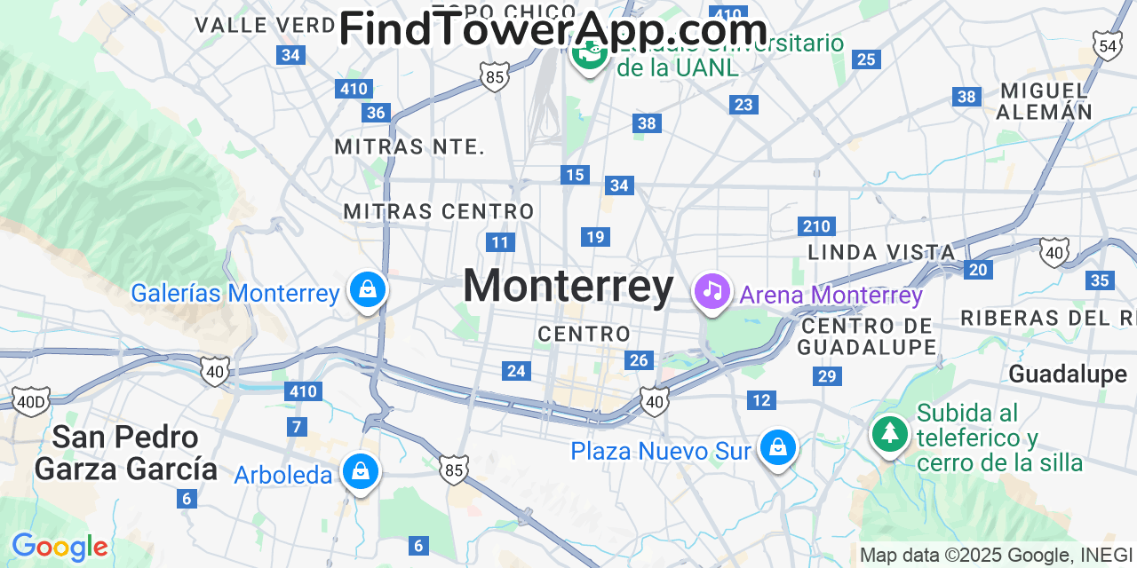 Map showing the 0 primary Movistar cell tower locations detected in Monterrey, Mexico with coverage radius and signal strength indicators