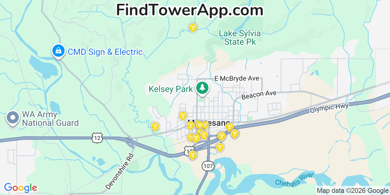 Map showing the 20 primary cell tower locations detected in Montesano, Washington from AT&T, Verizon, and T-Mobile networks