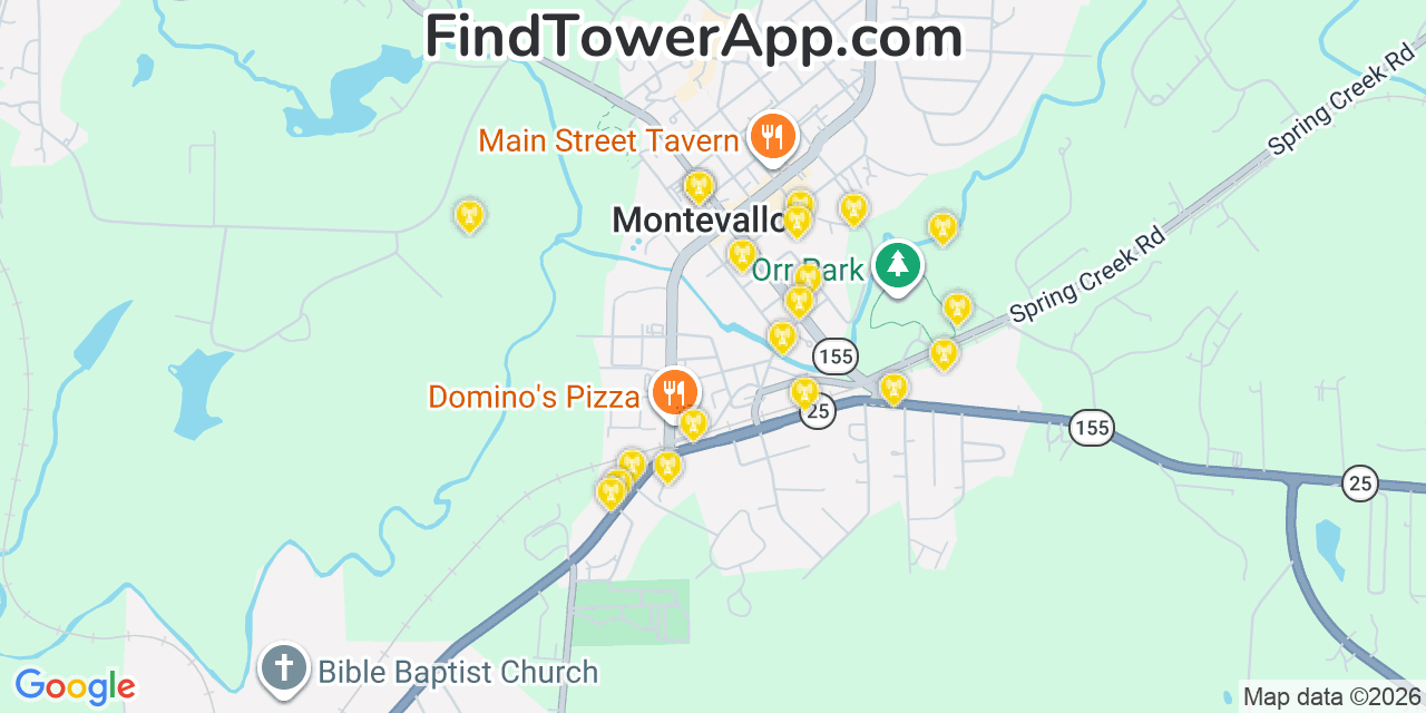 Map showing the 20 primary cell tower locations detected in Montevallo, Alabama from AT&T, Verizon, and T-Mobile networks