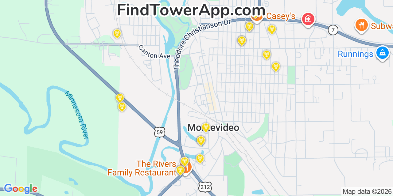 Map showing the 20 primary cell tower locations detected in Montevideo, Minnesota from AT&T, Verizon, and T-Mobile networks