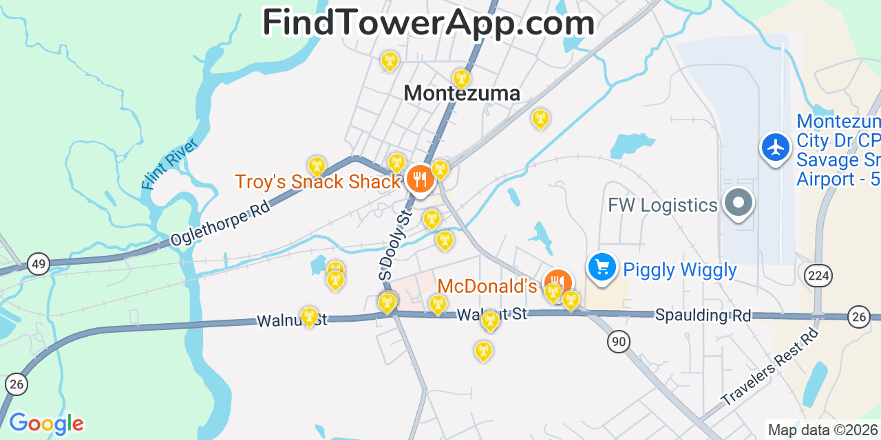 Map showing the 20 primary cell tower locations detected in Montezuma, Georgia from AT&T, Verizon, and T-Mobile networks