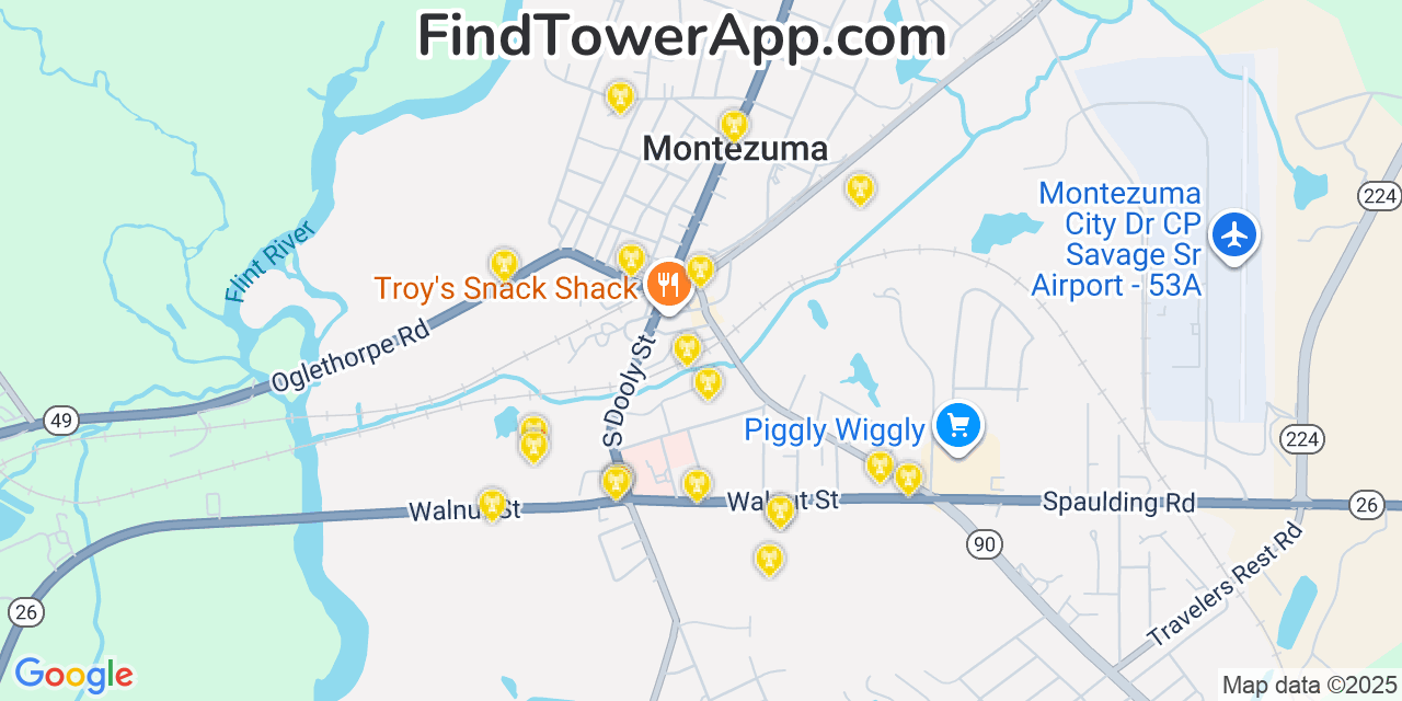 Map showing the 20 primary Mobitel cell tower locations detected in Montezuma, Georgia with coverage radius and signal strength indicators