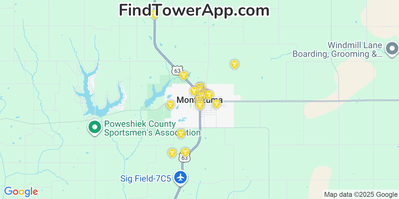 Map showing the 20 primary cell tower locations detected in Montezuma, Iowa from AT&T, Verizon, and T-Mobile networks