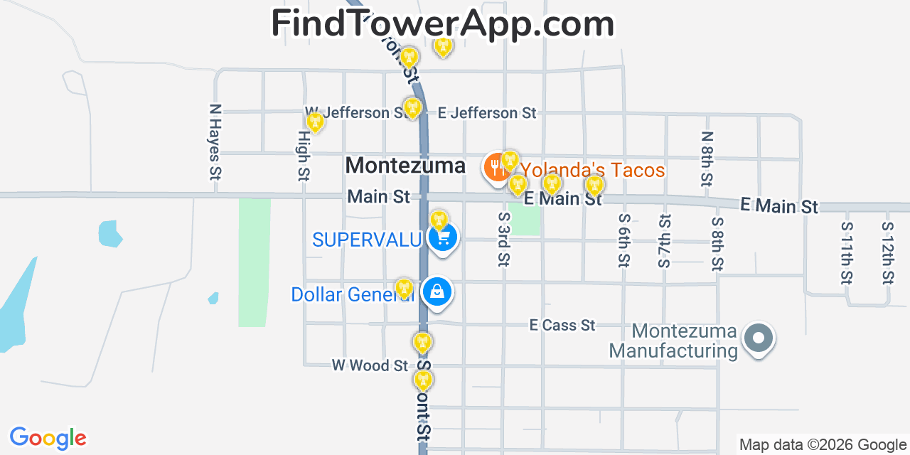 Map showing the 20 primary cell tower locations detected in Montezuma, Iowa from AT&T, Verizon, and T-Mobile networks