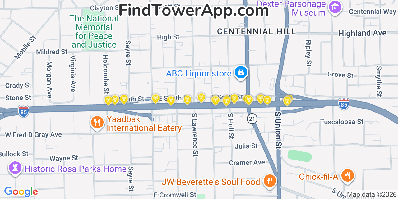 Map showing the 20 primary cell tower locations detected in Montgomery, Alabama from AT&T, Verizon, and T-Mobile networks