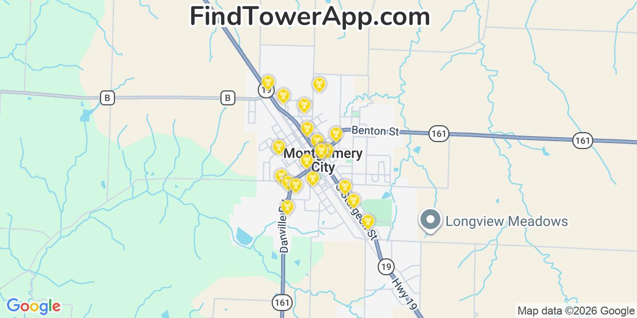 Map showing the 20 primary cell tower locations detected in Montgomery City, Missouri from AT&T, Verizon, and T-Mobile networks
