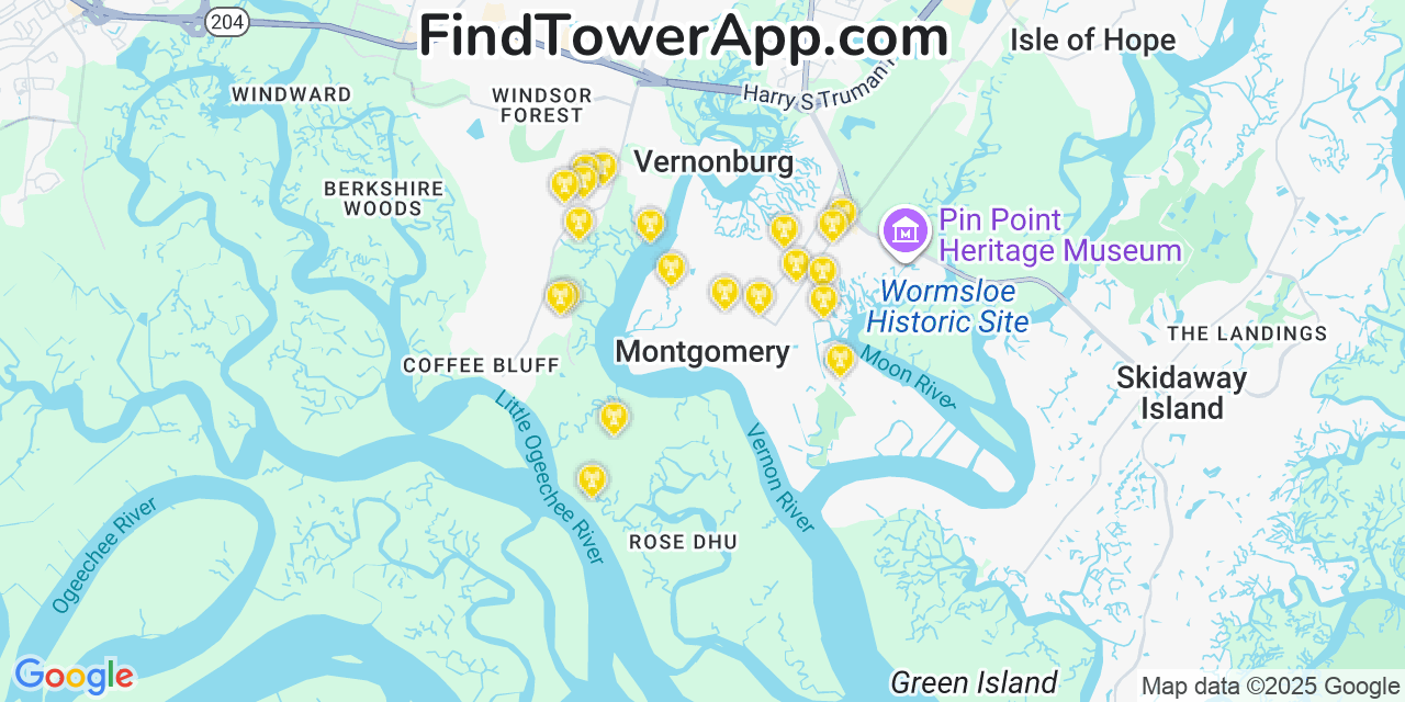 Map showing the 20 primary cell tower locations detected in Montgomery, Georgia from AT&T, Verizon, and T-Mobile networks