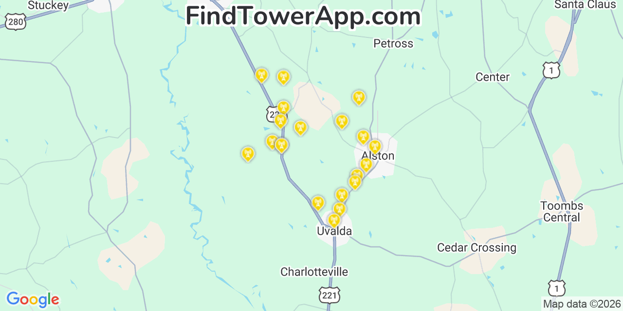 Map showing the 20 primary cell tower locations detected in Montgomery, Georgia from AT&T, Verizon, and T-Mobile networks