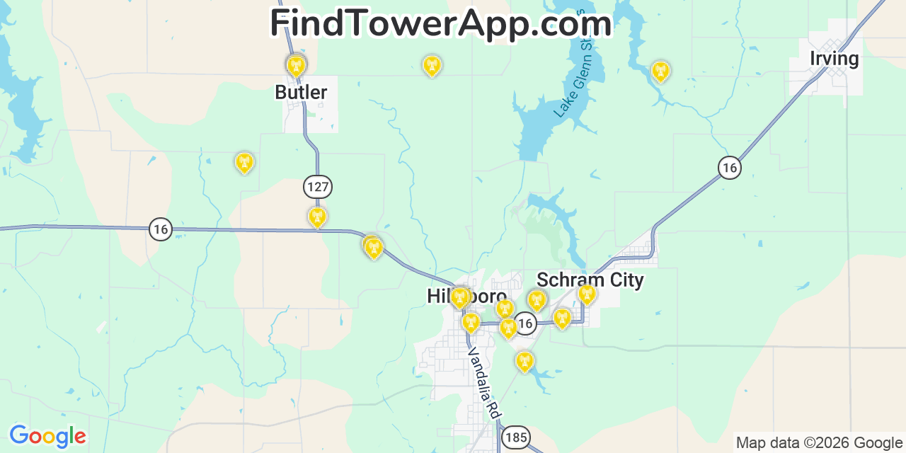 Map showing the 20 primary cell tower locations detected in Montgomery, Illinois from AT&T, Verizon, and T-Mobile networks