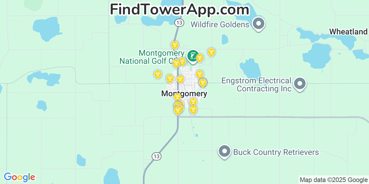 Map showing the 20 primary cell tower locations detected in Montgomery, Minnesota from AT&T, Verizon, and T-Mobile networks
