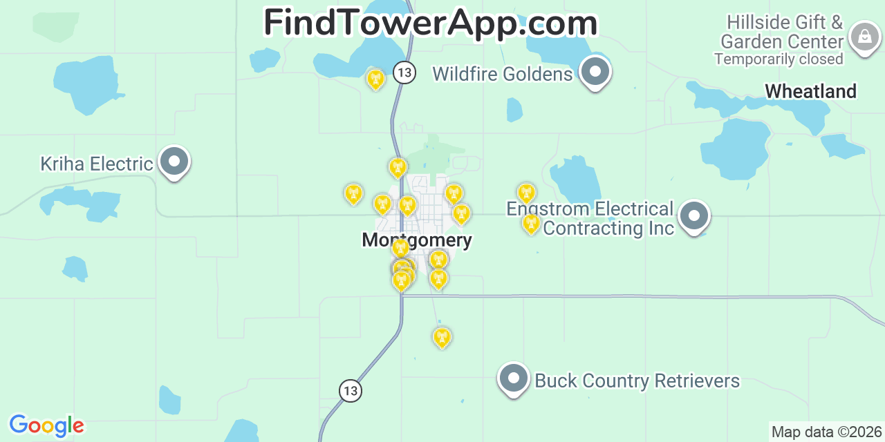Map showing the 20 primary cell tower locations detected in Montgomery, Minnesota from AT&T, Verizon, and T-Mobile networks