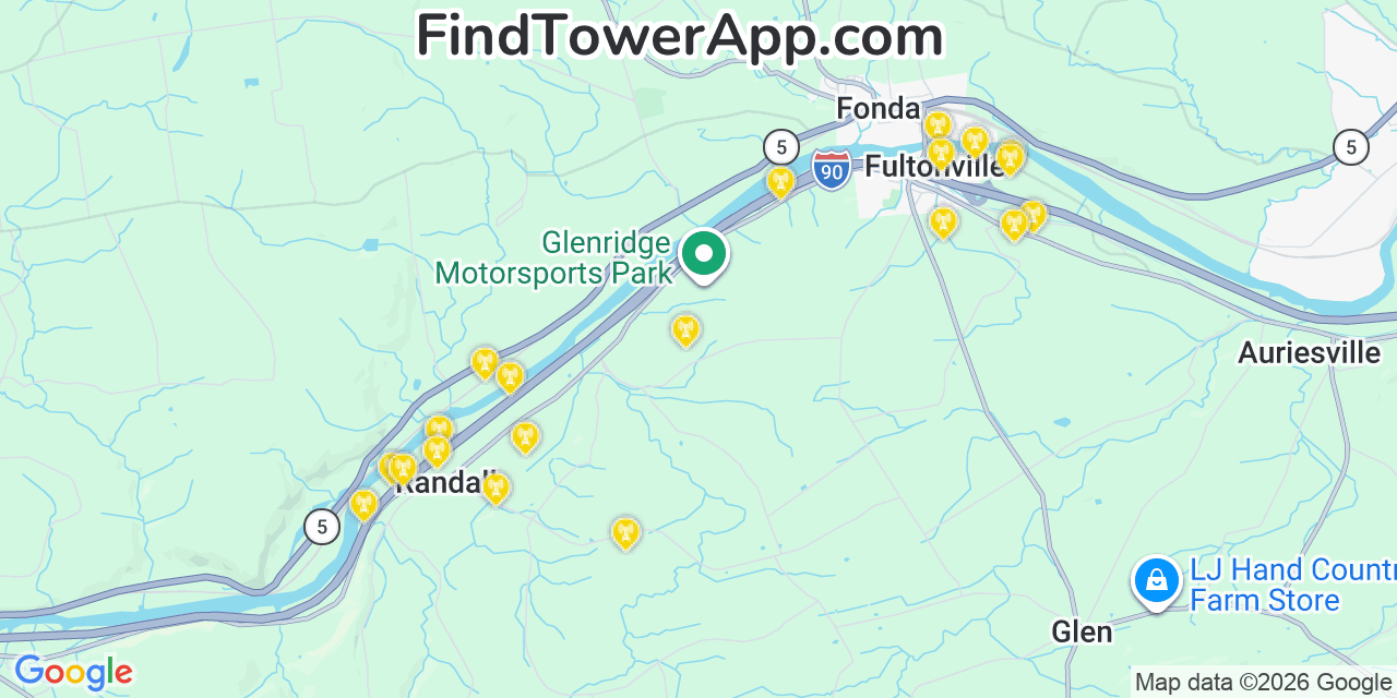 Map showing the 20 primary cell tower locations detected in Montgomery, New York from AT&T, Verizon, and T-Mobile networks