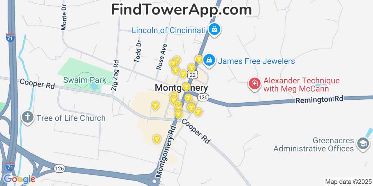 Map showing the 20 primary cell tower locations detected in Montgomery, Ohio from AT&T, Verizon, and T-Mobile networks