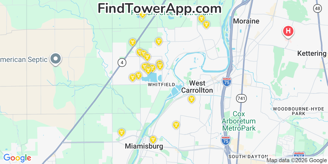 Map showing the 20 primary cell tower locations detected in Montgomery, Ohio from AT&T, Verizon, and T-Mobile networks