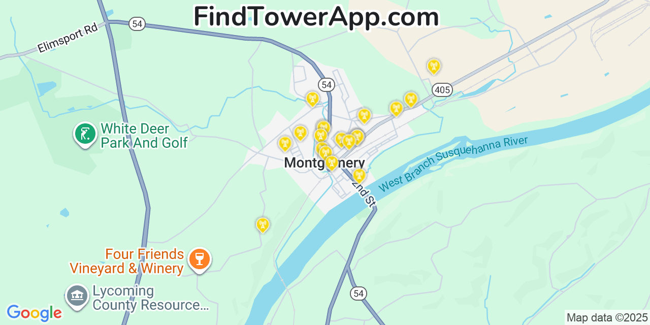 Map showing the 20 primary cell tower locations detected in Montgomery, Pennsylvania from AT&T, Verizon, and T-Mobile networks