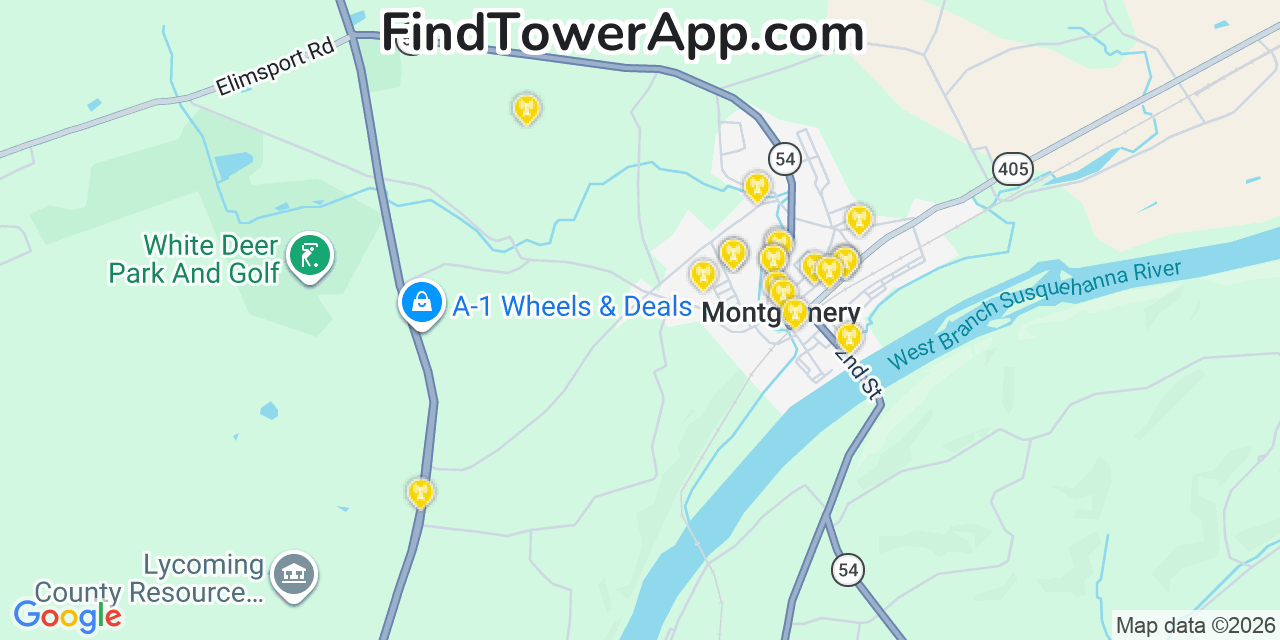 Map showing the 20 primary cell tower locations detected in Montgomery, Pennsylvania from AT&T, Verizon, and T-Mobile networks