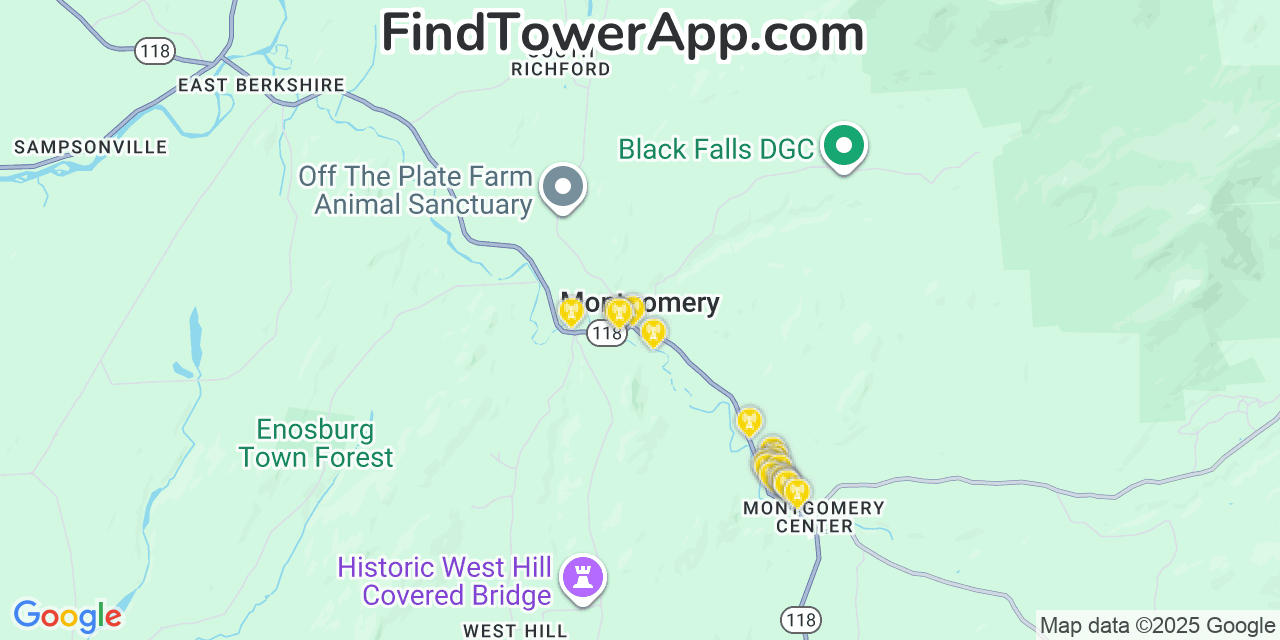 Map showing the 20 primary cell tower locations detected in Montgomery, Vermont from AT&T, Verizon, and T-Mobile networks