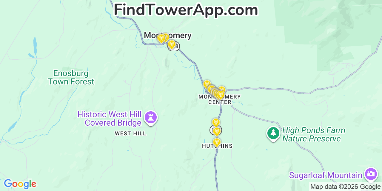 Map showing the 20 primary cell tower locations detected in Montgomery, Vermont from AT&T, Verizon, and T-Mobile networks