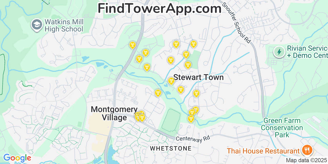 Map showing the 20 primary cell tower locations detected in Montgomery Village, Maryland from AT&T, Verizon, and T-Mobile networks