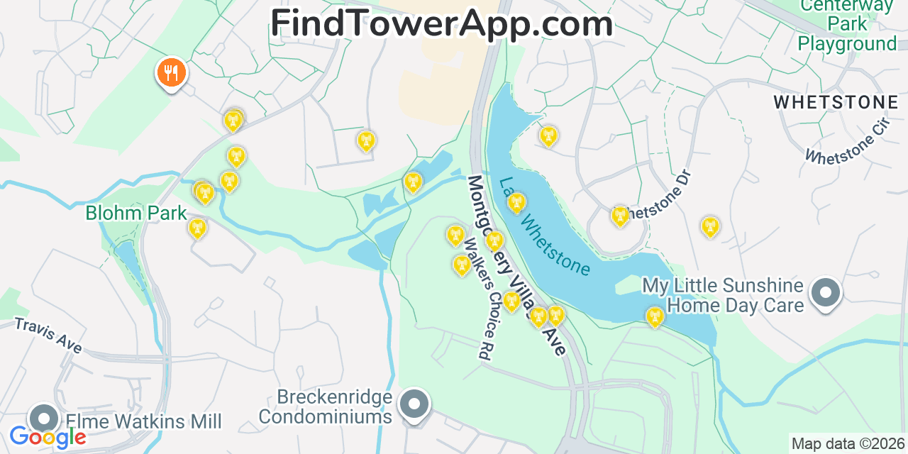 Map showing the 20 primary cell tower locations detected in Montgomery Village, Maryland from AT&T, Verizon, and T-Mobile networks