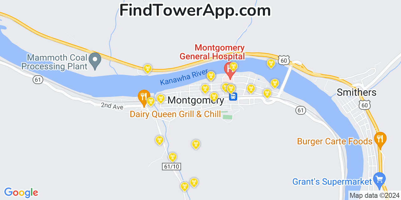 AT&T 4G/5G cell tower coverage map Montgomery, West Virginia