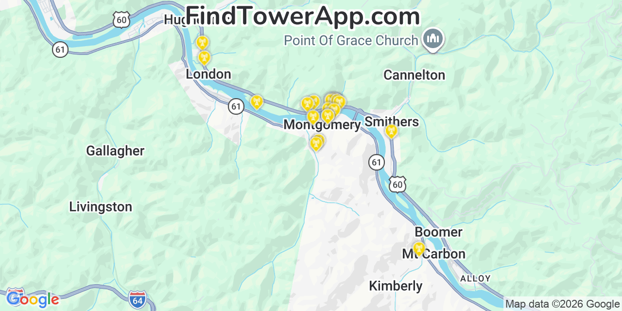 Map showing the 20 primary cell tower locations detected in Montgomery, West Virginia from AT&T, Verizon, and T-Mobile networks