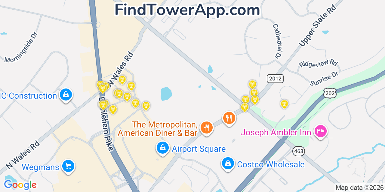 Map showing the 20 primary cell tower locations detected in Montgomeryville, Pennsylvania from AT&T, Verizon, and T-Mobile networks