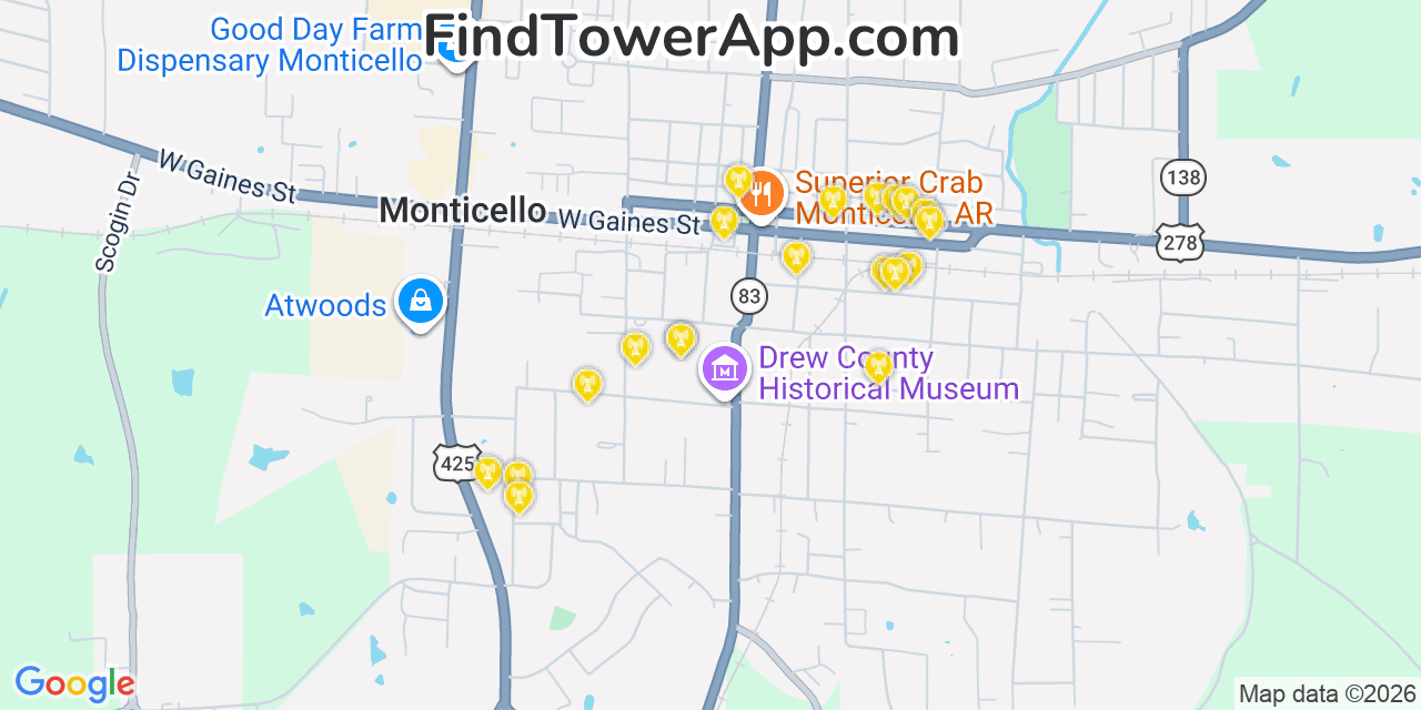 Map showing the 20 primary cell tower locations detected in Monticello, Arkansas from AT&T, Verizon, and T-Mobile networks