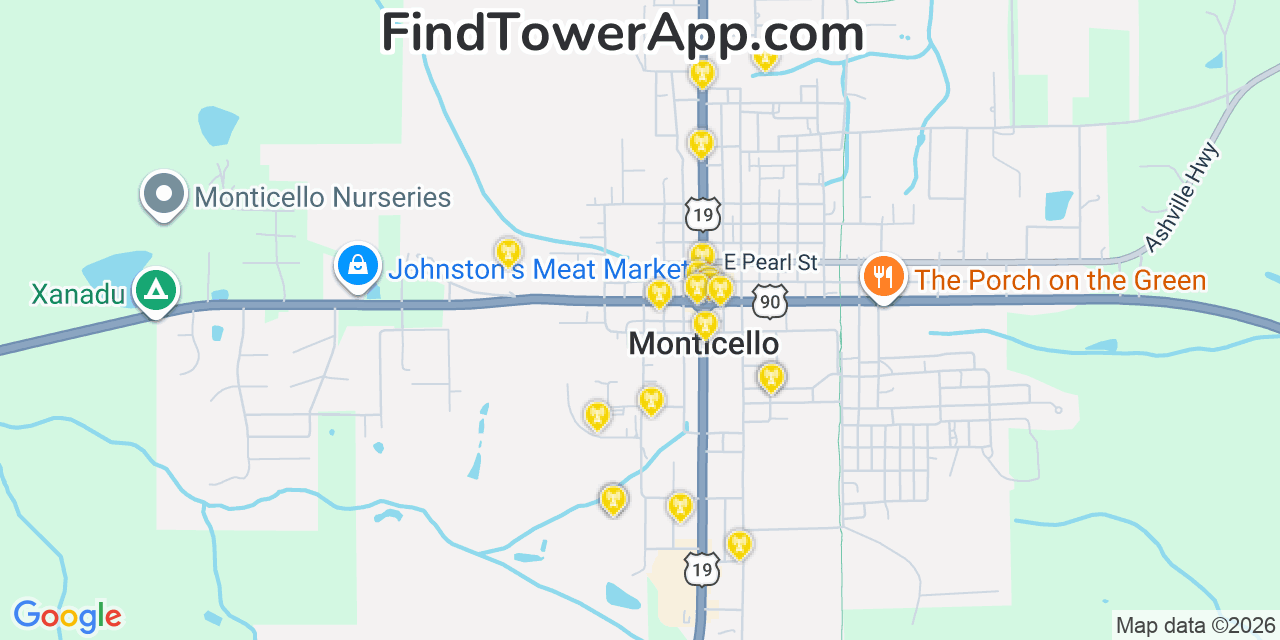 Map showing the 20 primary cell tower locations detected in Monticello, Florida from AT&T, Verizon, and T-Mobile networks