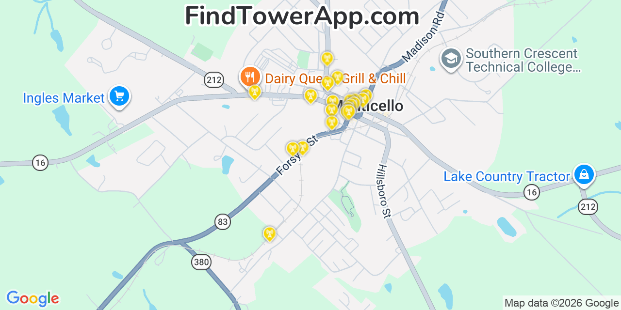 Map showing the 20 primary cell tower locations detected in Monticello, Georgia from AT&T, Verizon, and T-Mobile networks