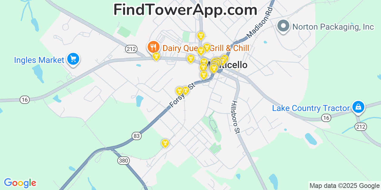 Map showing the 20 primary Mobitel cell tower locations detected in Monticello, Georgia with coverage radius and signal strength indicators