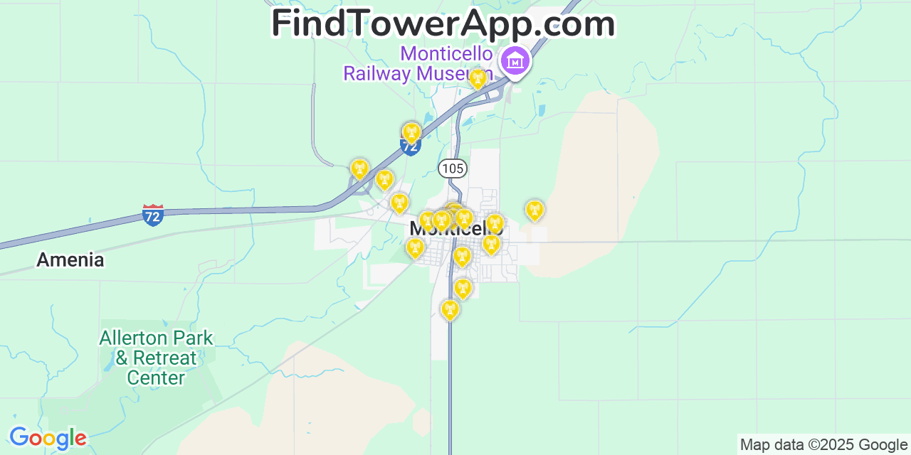 Map showing the 20 primary cell tower locations detected in Monticello, Illinois from AT&T, Verizon, and T-Mobile networks