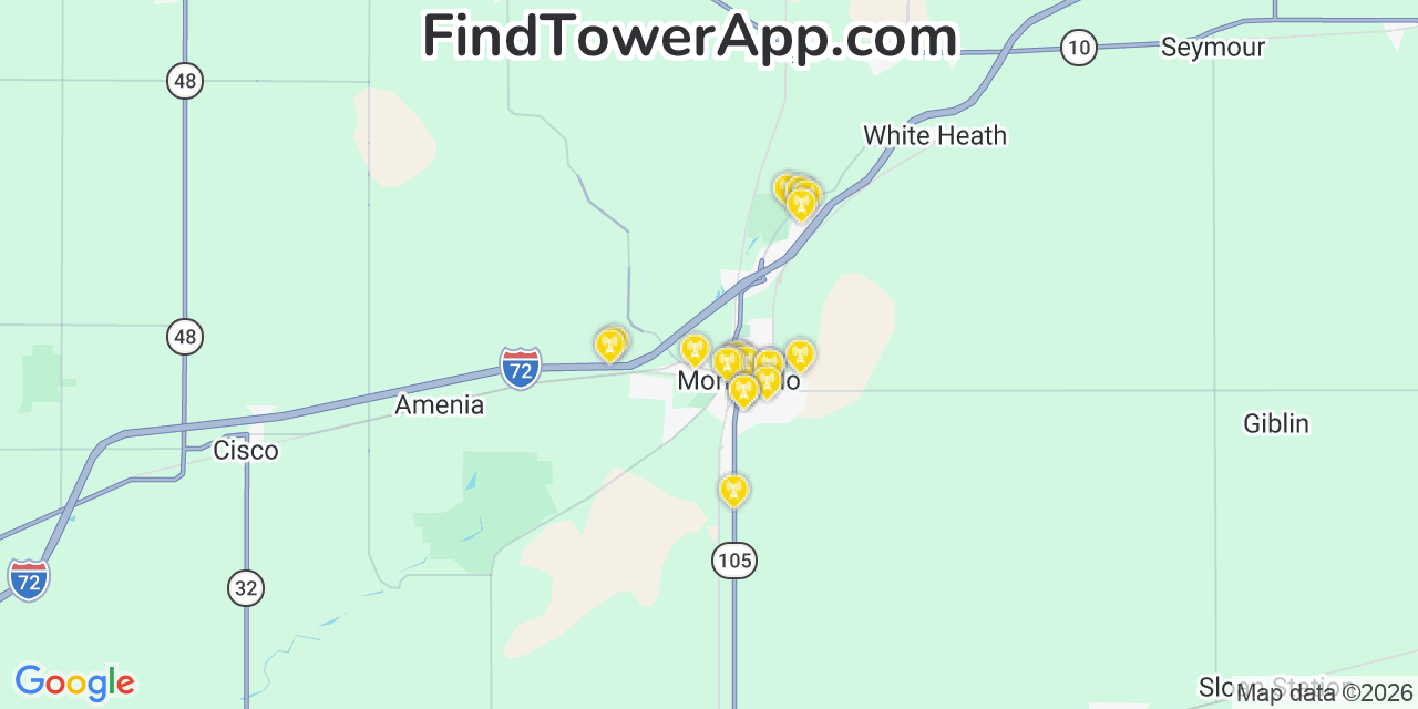 Map showing the 20 primary cell tower locations detected in Monticello, Illinois from AT&T, Verizon, and T-Mobile networks