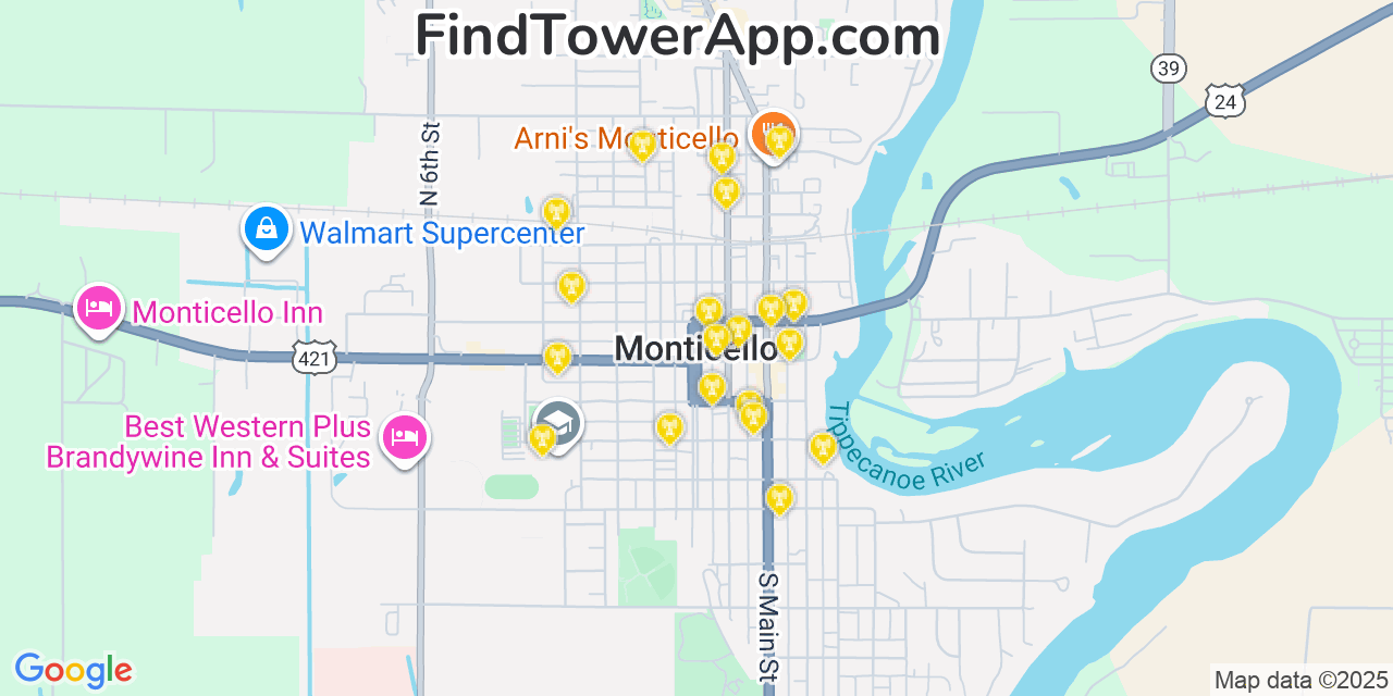 Map showing the 20 primary cell tower locations detected in Monticello, Indiana from AT&T, Verizon, and T-Mobile networks