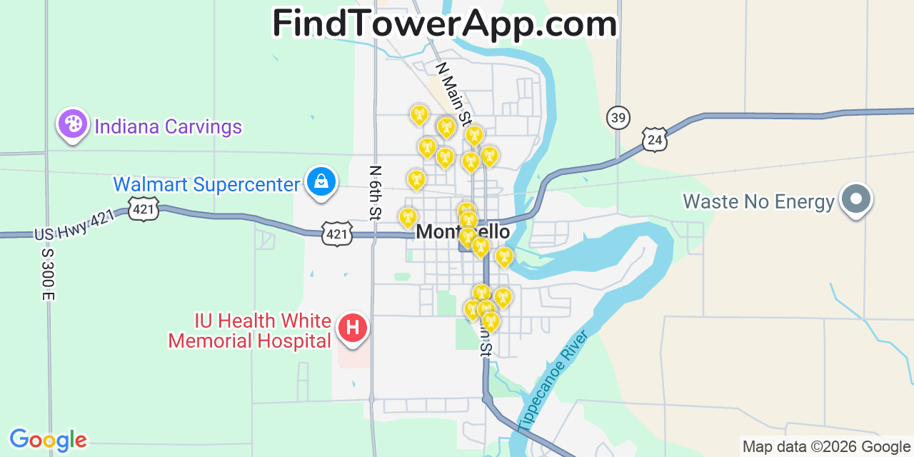 Map showing the 20 primary cell tower locations detected in Monticello, Indiana from AT&T, Verizon, and T-Mobile networks