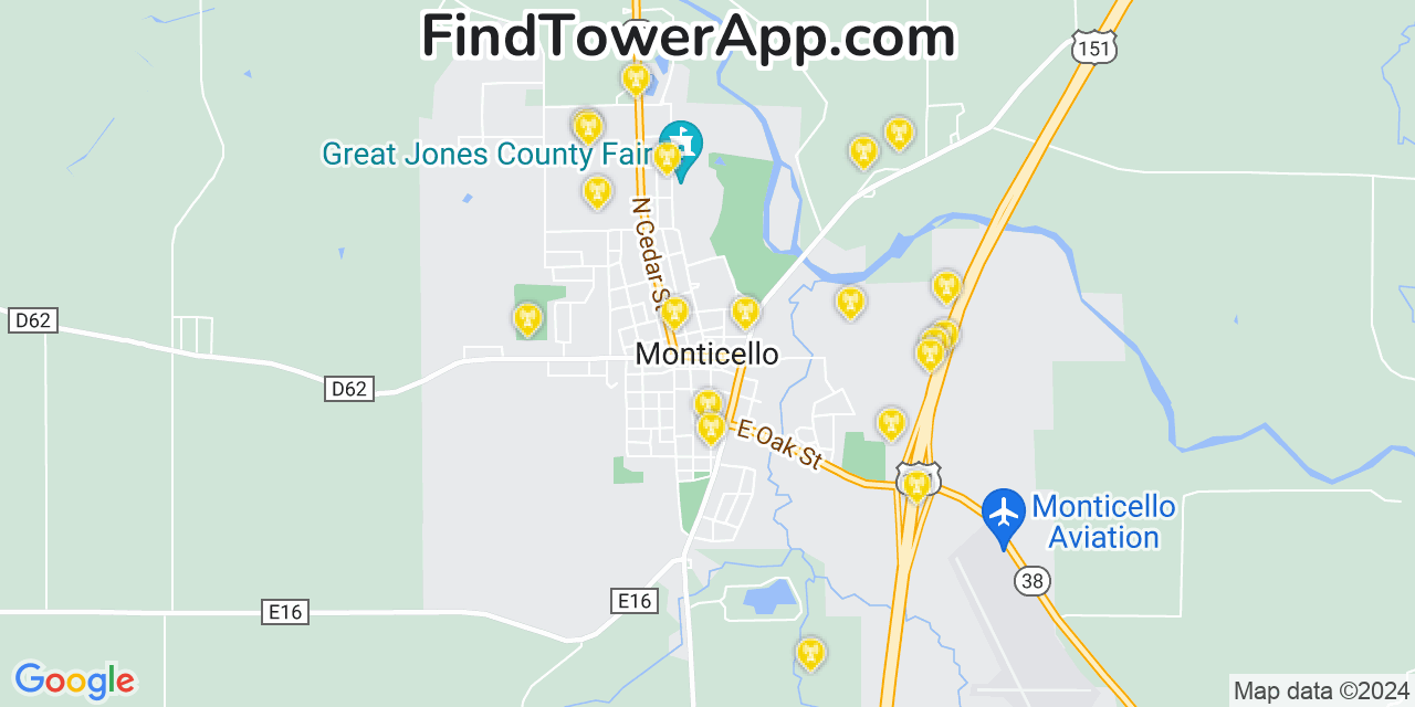 AT&T 4G/5G cell tower coverage map Monticello, Iowa