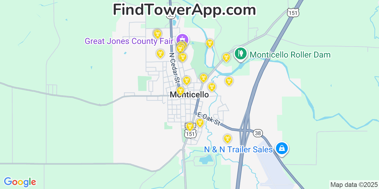 Map showing the 20 primary cell tower locations detected in Monticello, Iowa from AT&T, Verizon, and T-Mobile networks